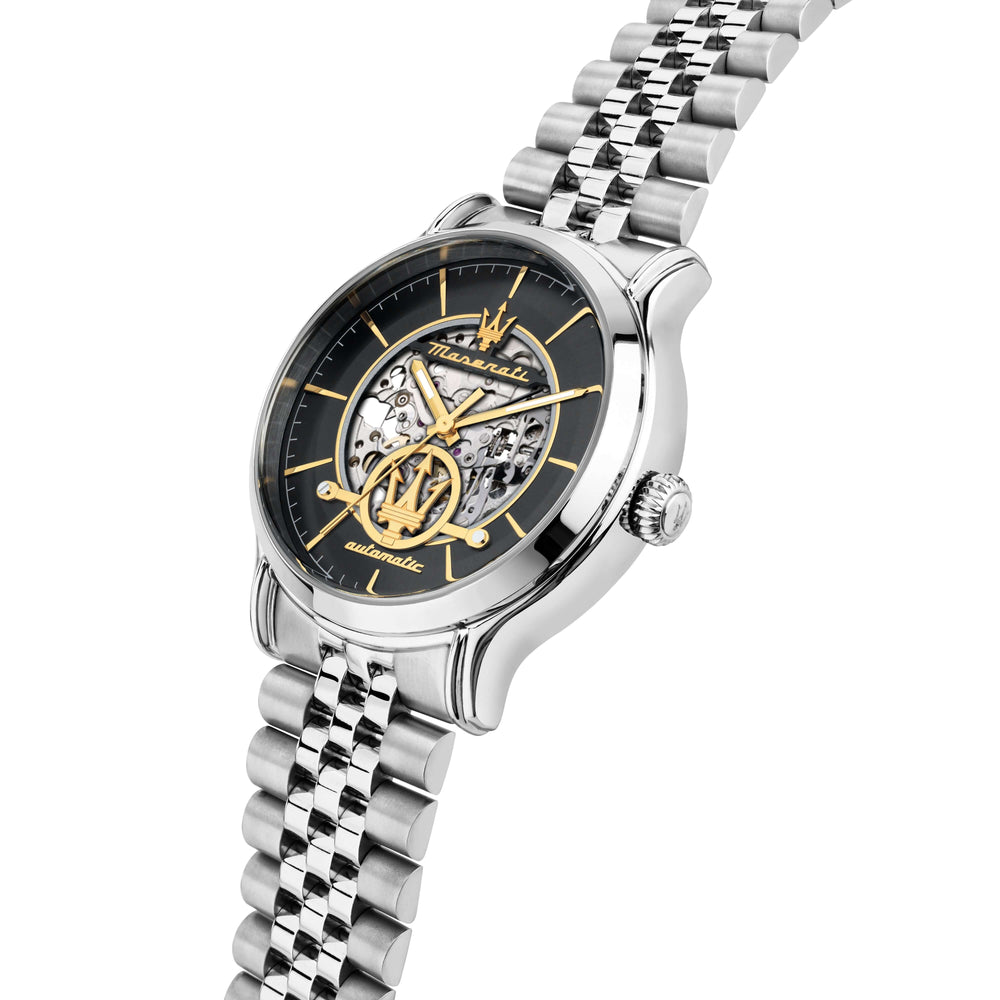Часовник Maserati EPOCA. Мъжки часовник с автоматичен механизъм SEIKO 8N24. Полирана и сатинирана стоманена каса 42 мм. Сив циферблат със златни стрелки. Сапфирено стъкло. Инкрустиран минерален кристал. Верижка от неръждаема стомана. Водоустойчивост 10 AT