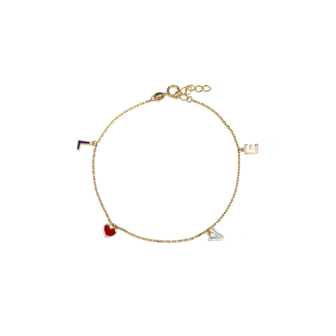 Дамска златна гривна с надпис Love от цветен емайл.