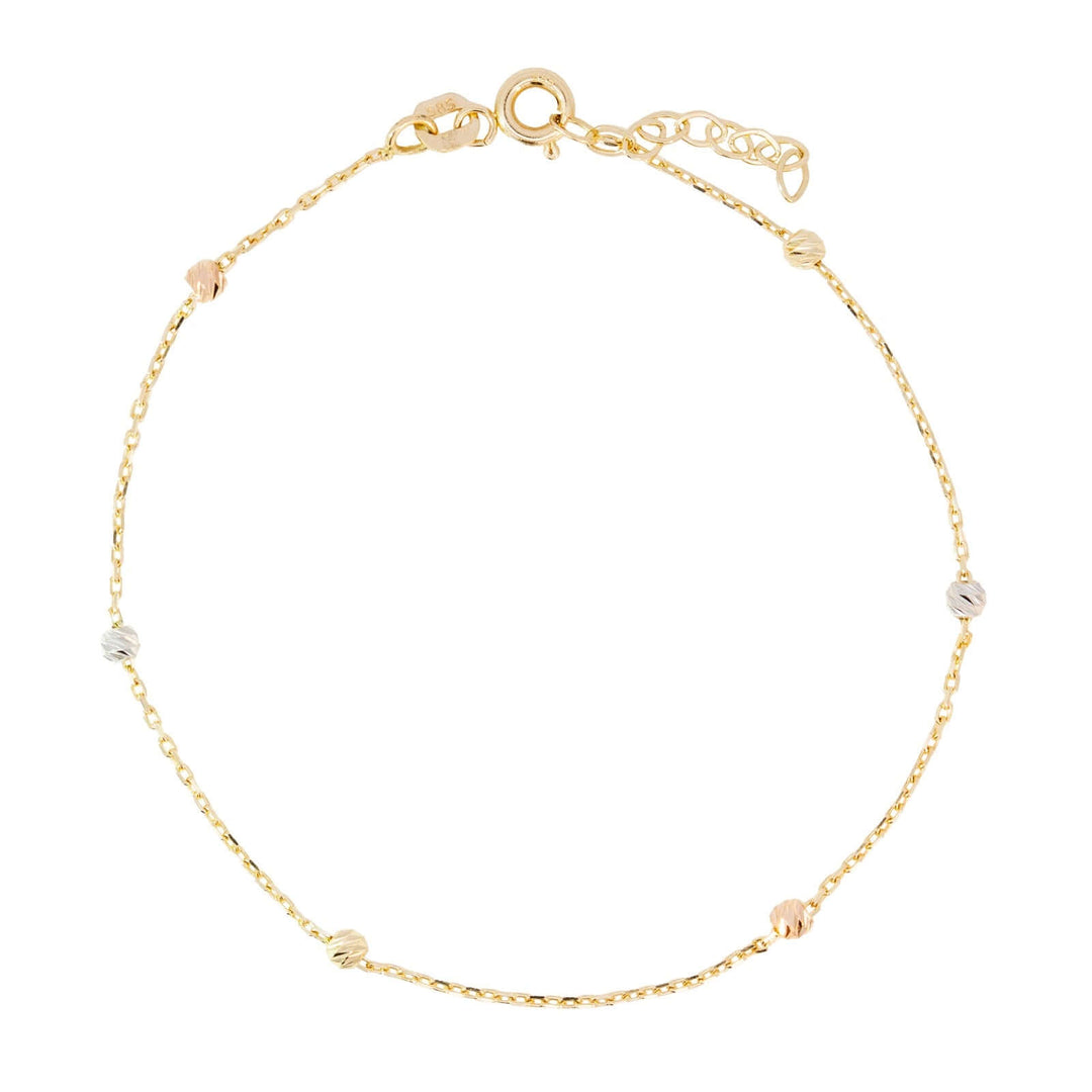 Дамска гривна от злато 14 к с топчета в три цвята злато.