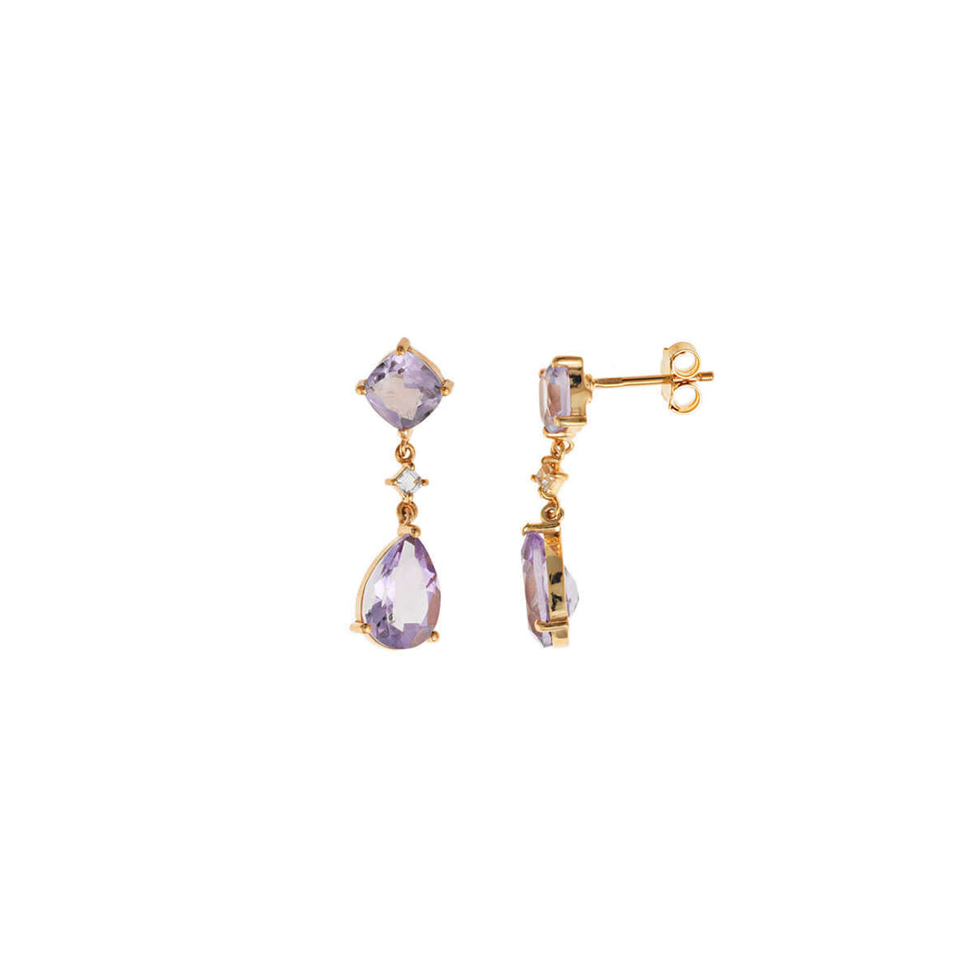 Дамски сребърни обеци със златно PVD покритие 18K, лилав аметист и циркони – преден изглед.