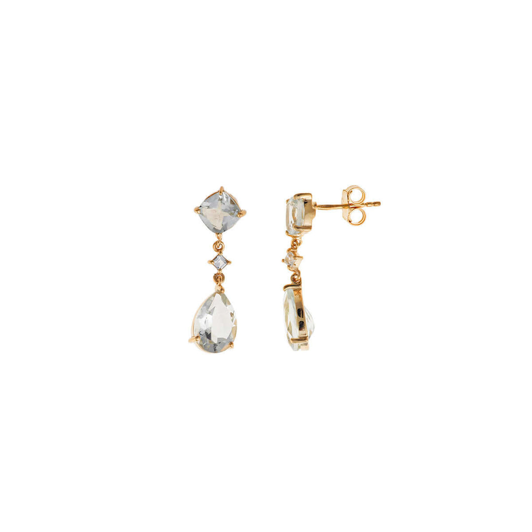 Дамски сребърни обеци със златно PVD покритие 18K, зелен аметист и циркони – преден изглед.