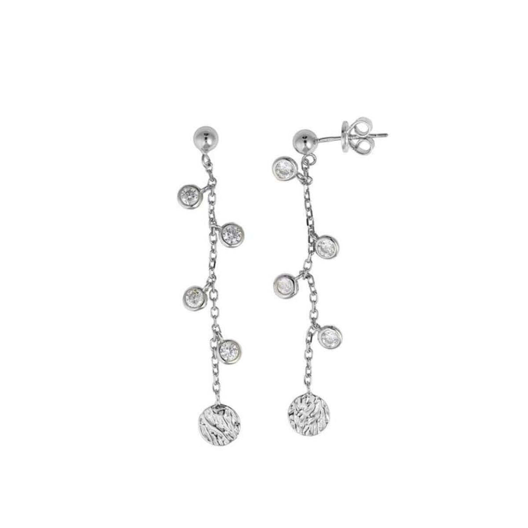 Дамски висящи сребърни обеци с винт и цирконий, изглед отпред.