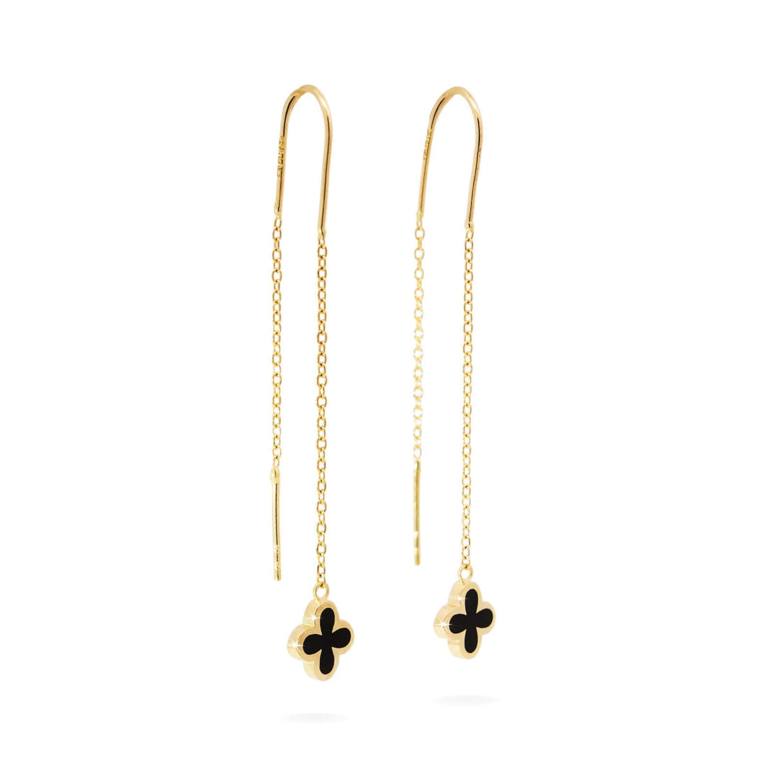 Дамски златни висящи обеци с черни детелини от емайл