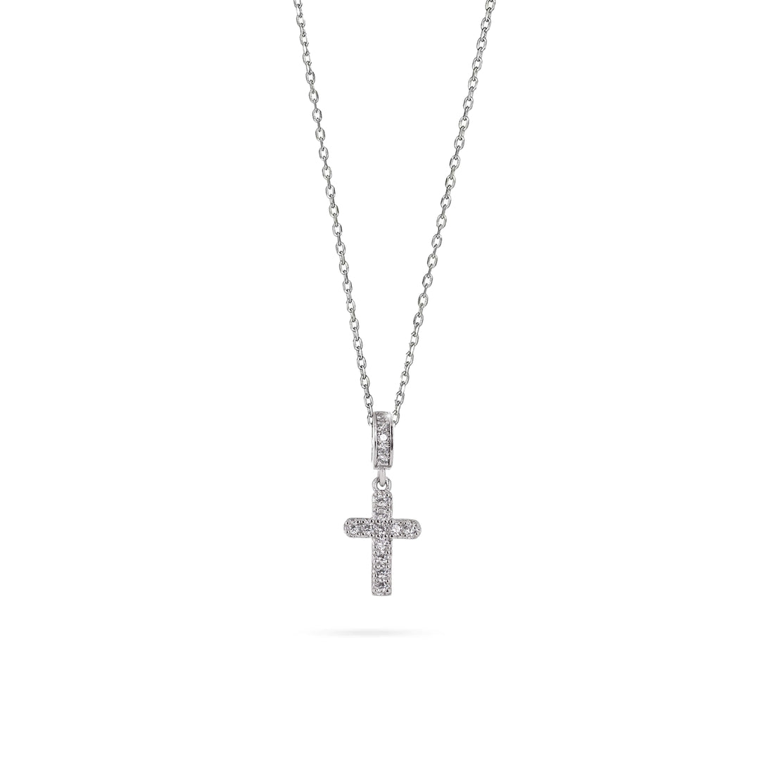 Сребърно колие с малък кръст обсипан с блестящи циркони