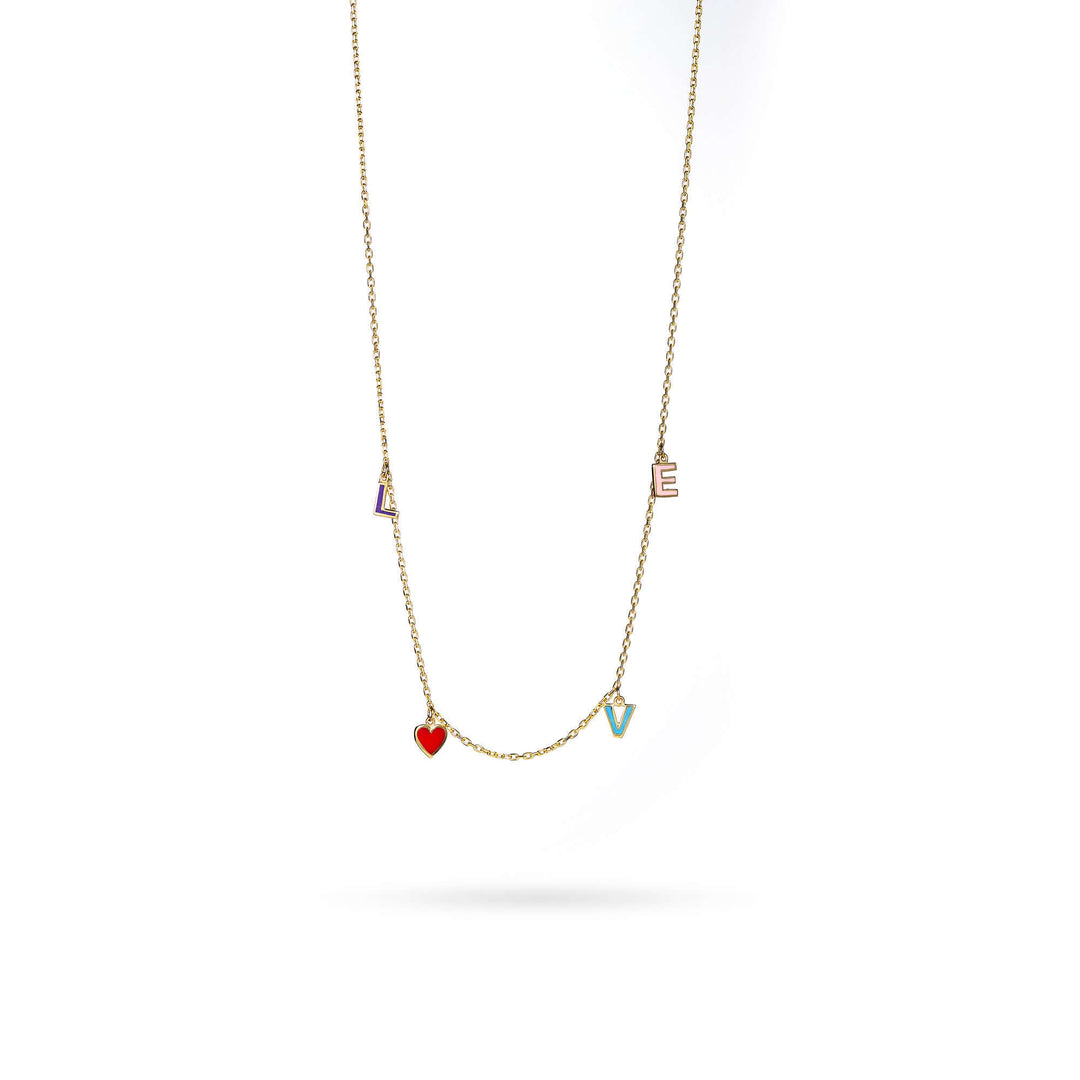 Дамско златно колие с надпис Love от цветен емайл.