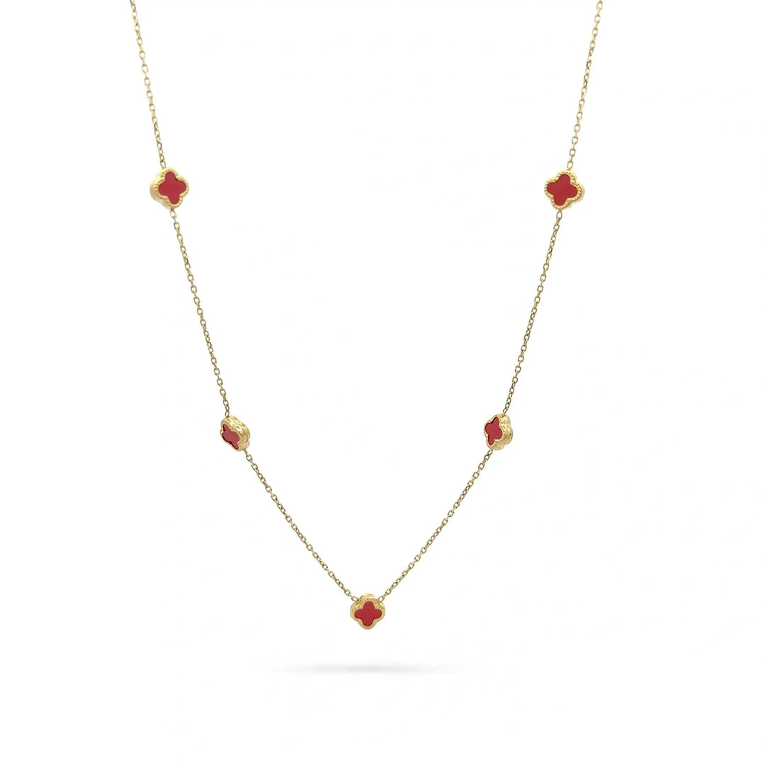 Колие от жълто злато 14K с червен карнелиан, 7 детелини, класически дизайн.
