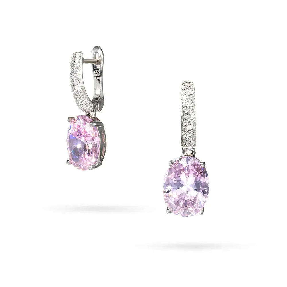 Висящи обеци от сребро с розов камък и инкрустация от циркони