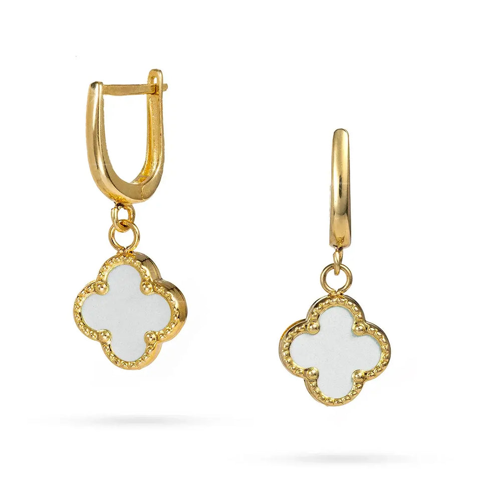 Дамски златни обеци 2.7 см с бял оникс и детелина