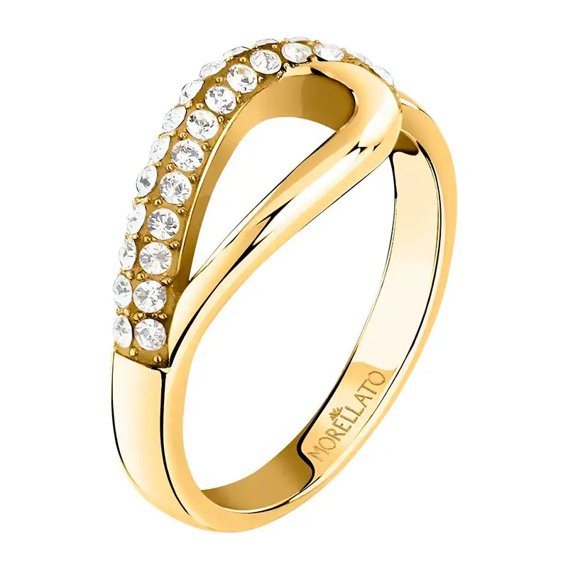 Близък план на pave инкрустацията с бели кристали върху горната дъга на пръстена.