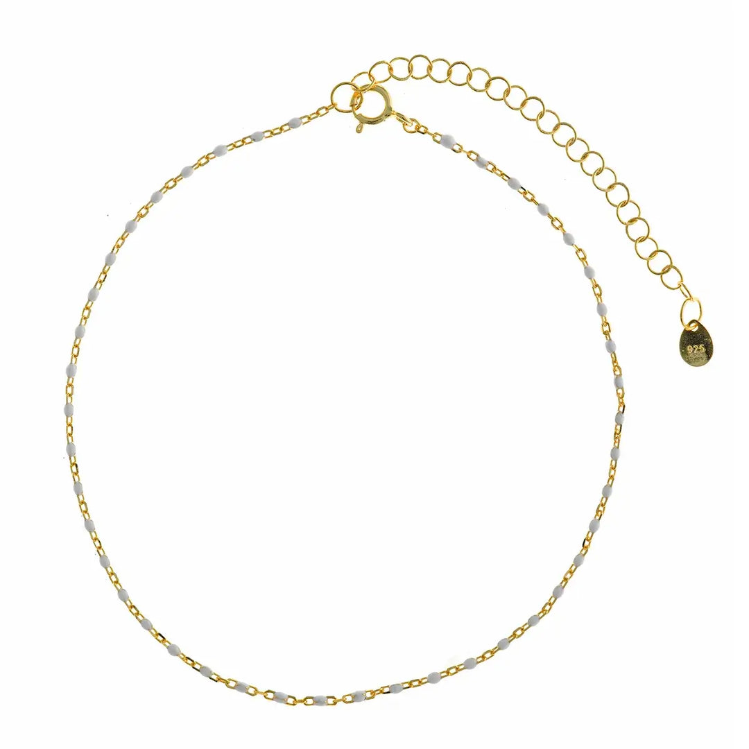 Позлатена сребърна гривна за крак и глезен с бели емайлирани мъниста от колекция Minijewels Enamel
