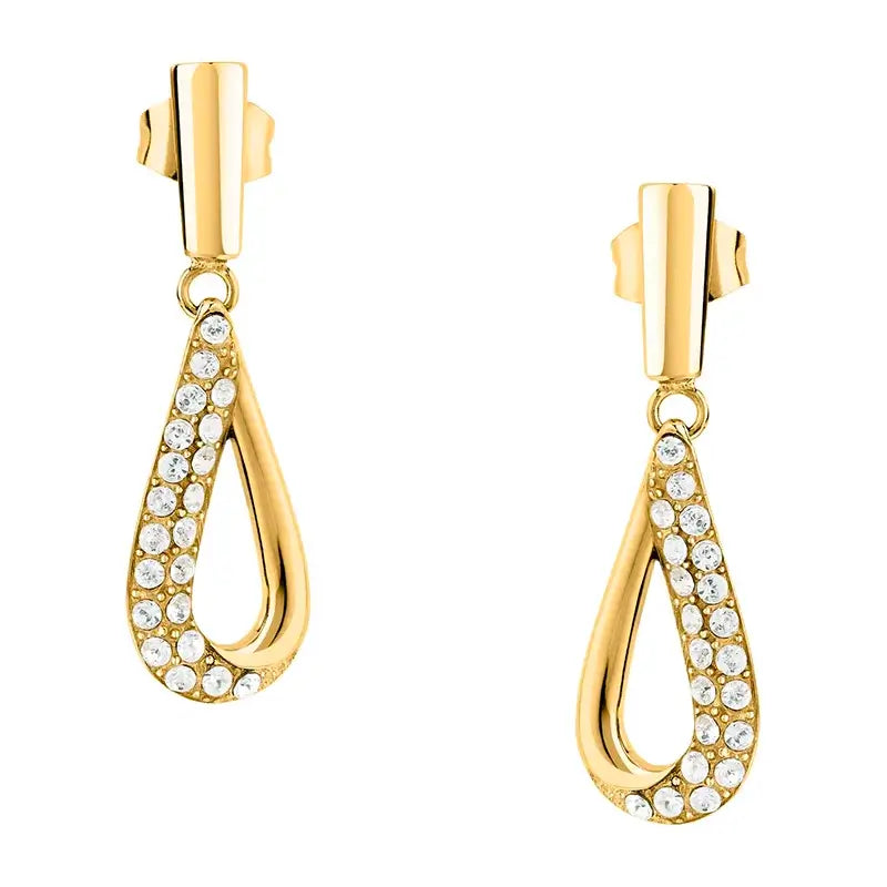 Близък план на висящи обеци „капка“ с pavé кристали отпред.