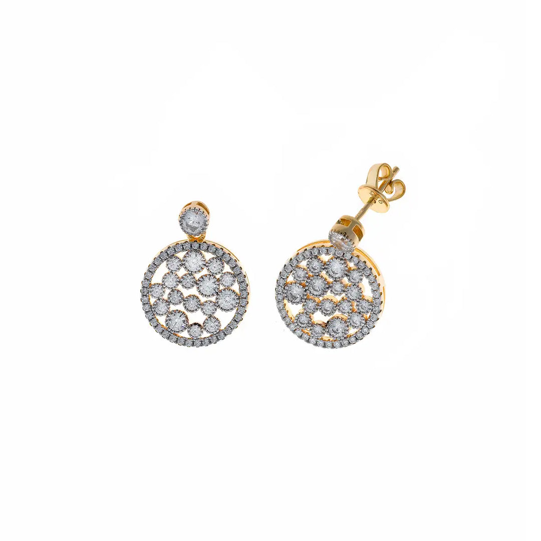 Позлатени сребърни обеци с кръгъл медальон и бели циркони от колекция Rosette
