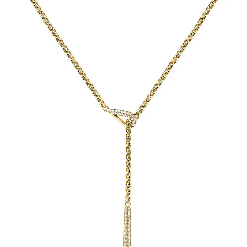 Позлатено Y-колие от неръждаема стомана със златно PVD и бели кристали, продуктова страница – общ изглед.