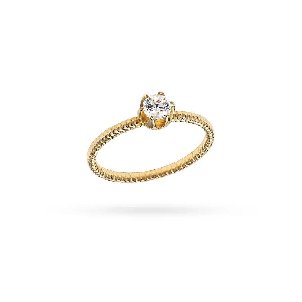 Пръстен от 14-каратово злато с централен циркон и релефна халка