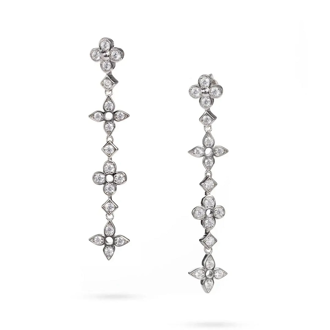 Сребърни обеци на винт с форма на детелини, циркони и родиево покритие, 4.5 см