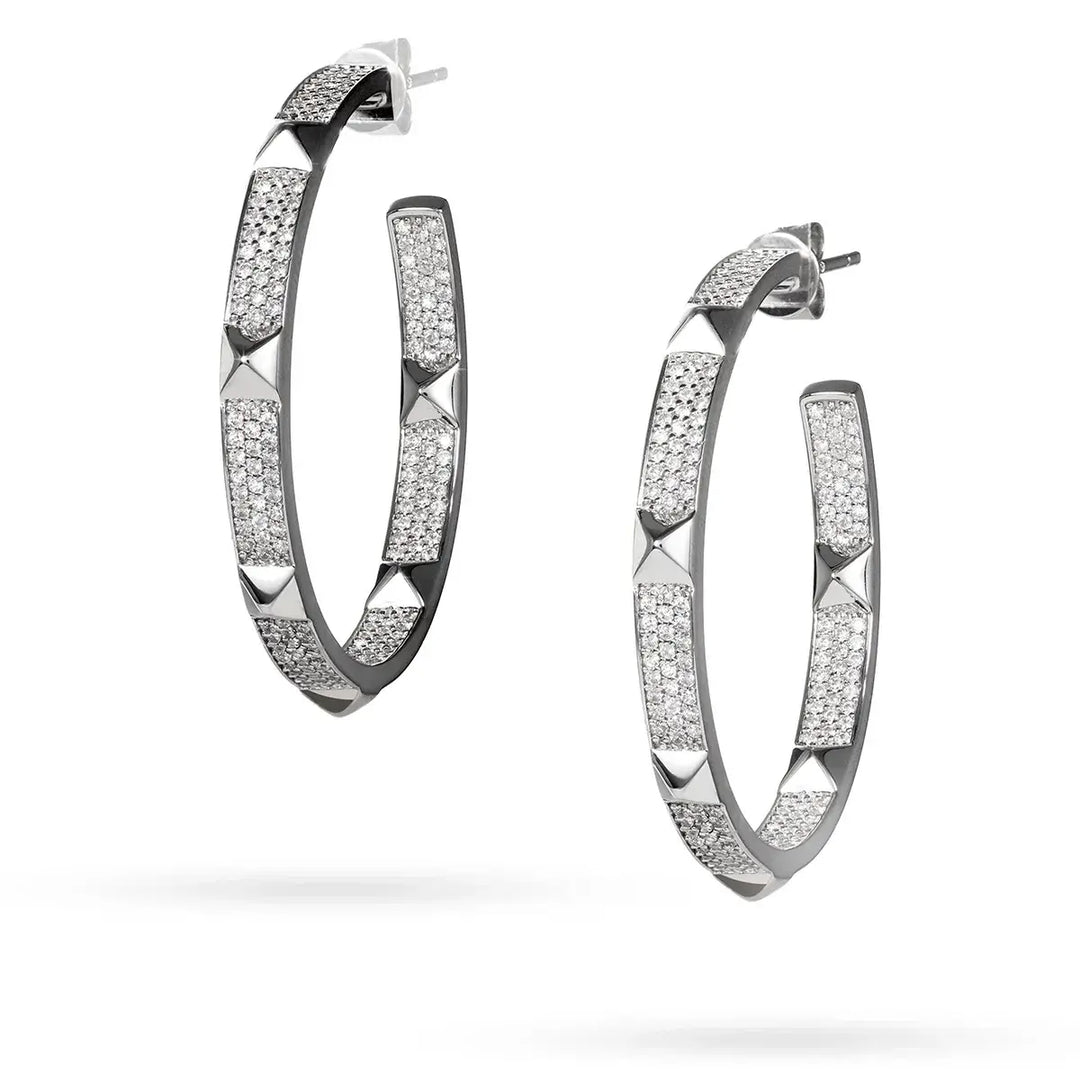 Сребърни обеци на винт с родиево покритие и циркони, 3.5 см