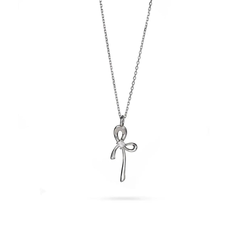 Колие от сребро с родиево покритие и панделка с циркон – модерен минимализъм