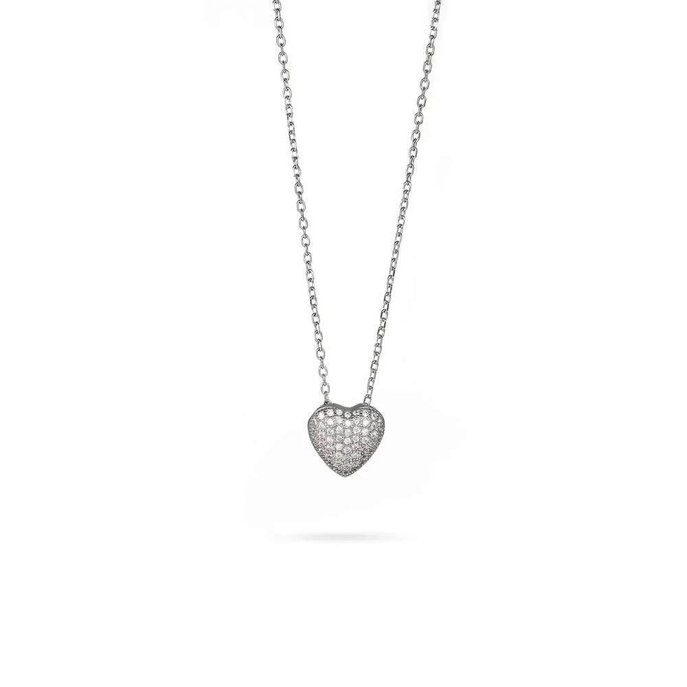 Колие с родиево покритие и висулка сърце с циркони – блясък и символика