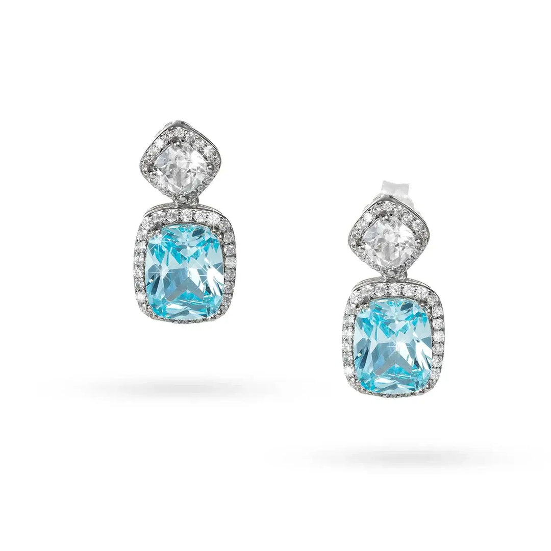 Висящи сребърни обеци с аквамарин и бели циркони
