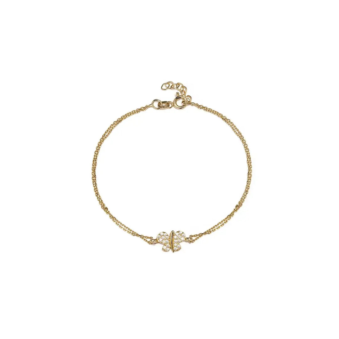 Златна дамска гривна с пеперуда и бели циркони