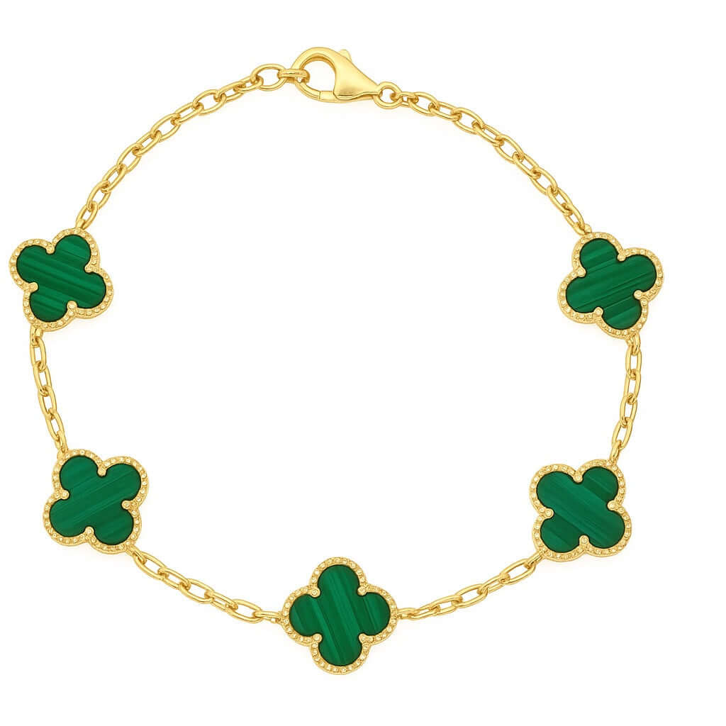Златна гривна Senso Gold с пет детелини от зелен Малахит