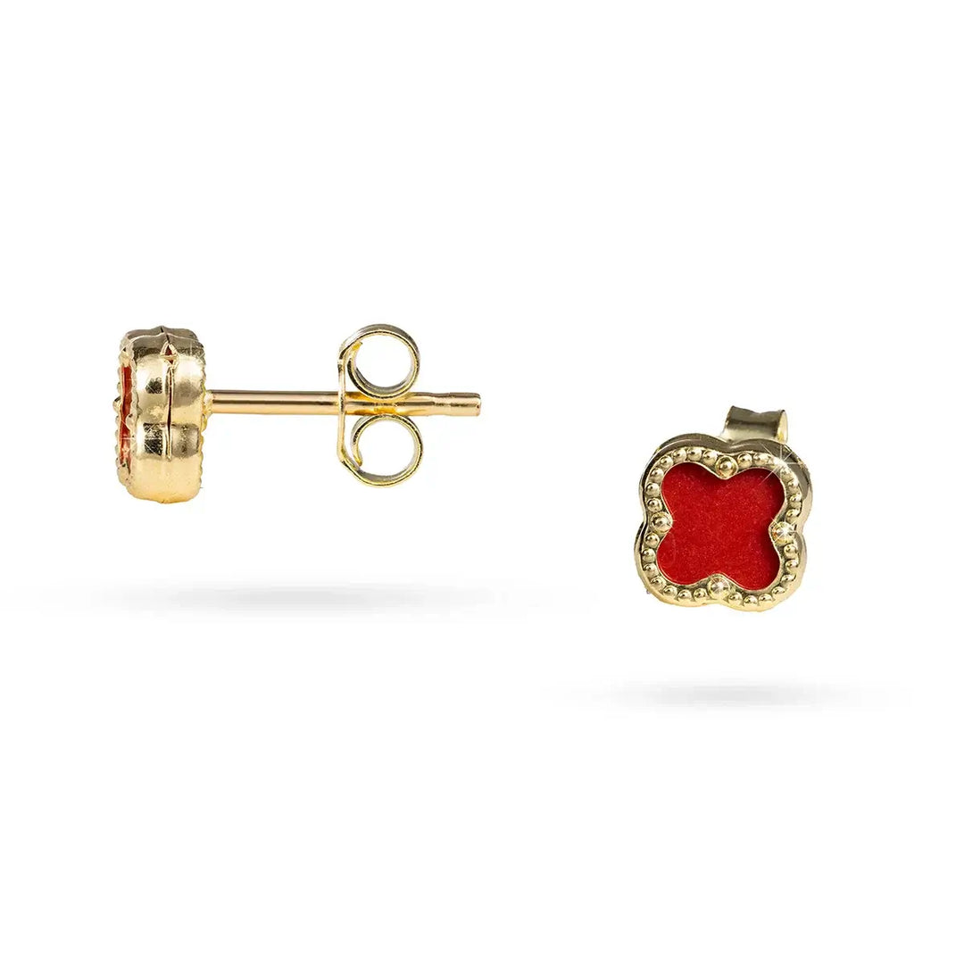 Златни обеци с форма на детелина и червен карнелиан 5 мм