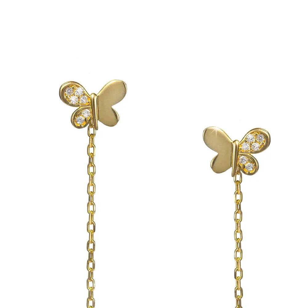 Висящи златни обеци с пеперуда и циркони