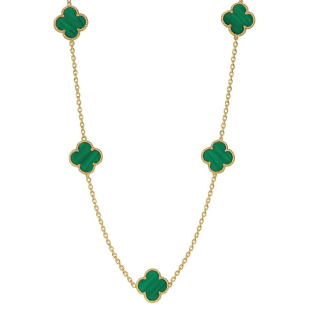 Дамско златно колие с пет детелните от зелен Малахит. Senso Gold