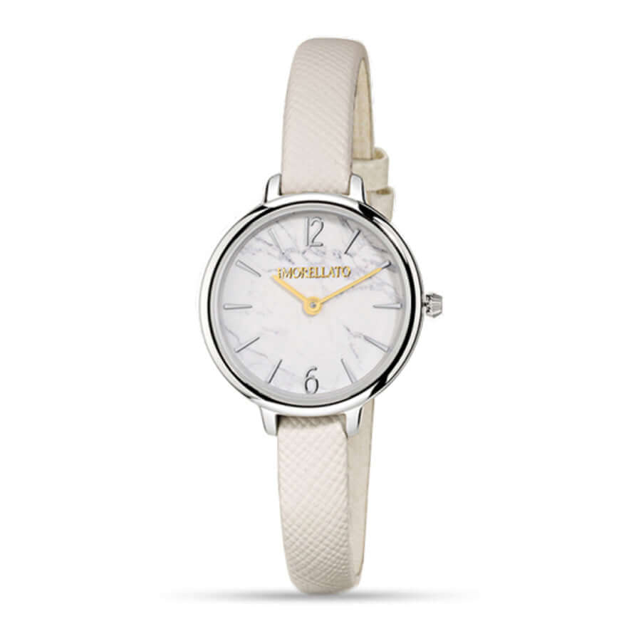Часовник Morellato Petra. Дамски часовник с кварцов механизъм с две стрелки. Каса от стомана. Бял циферблат и бяла каишка от естествена кожа. Минерално стъкло. Гаранция 2 години.