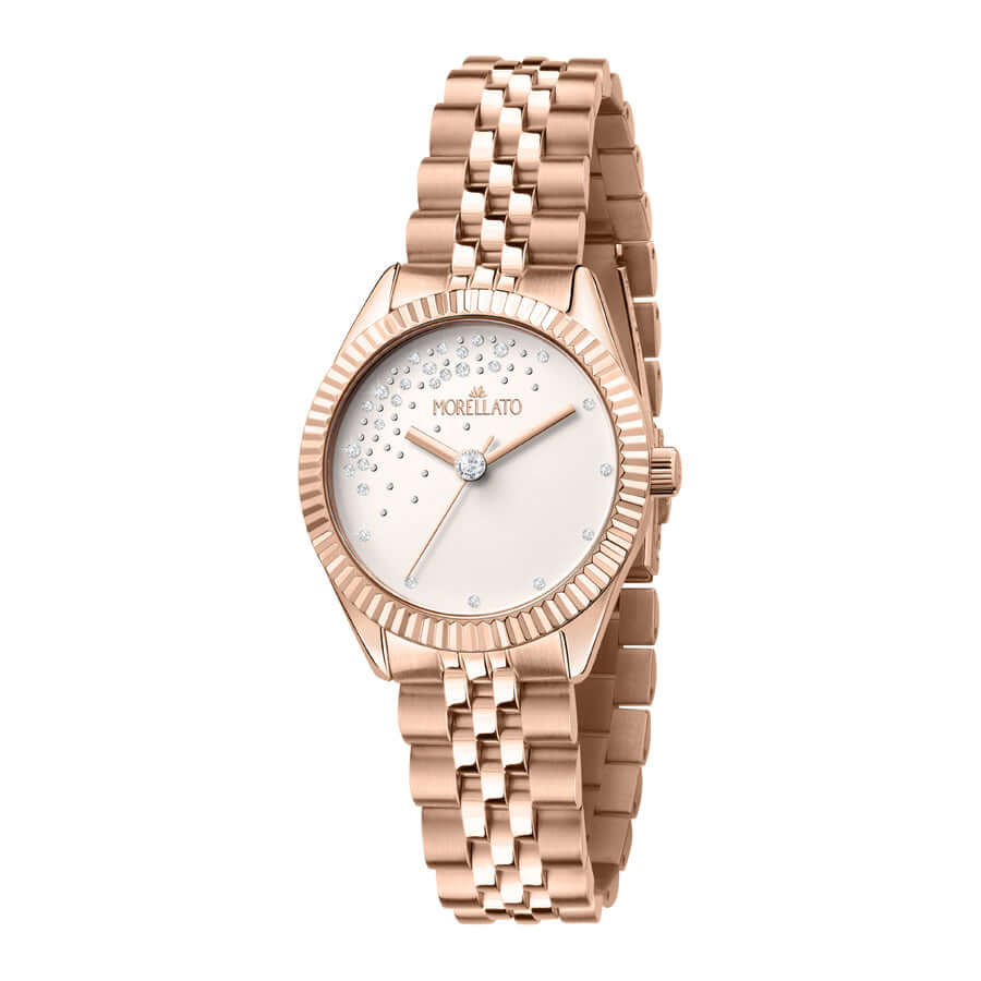 Часовник Morellato Magia. Дамски часовник с кварцов механизъм (VJ21). Водоустойчивост 3АТМ. Каса 34 мм от стомана със розово златно PVD покритие. Верижка от стомана със розово златно PVD покритие. Минерално стъкло. Гаранция 2 години.