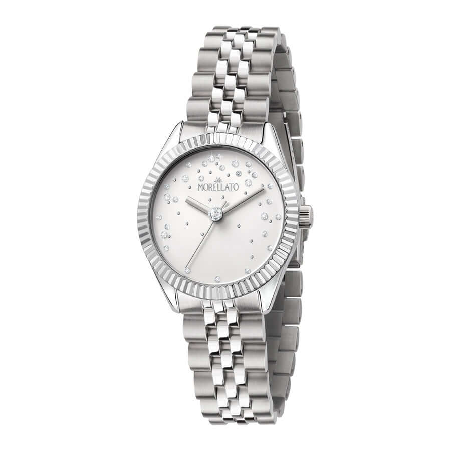Часовник Morellato Magia. Дамски часовник с кварцов механизъм (VJ21). Каса 34 мм от стомана и инкрустирани Циркони. Бял циферблат. Верижка от стомана. Минерално стъкло. Водоустойчивост 3 ATM. Гаранция 2 години.