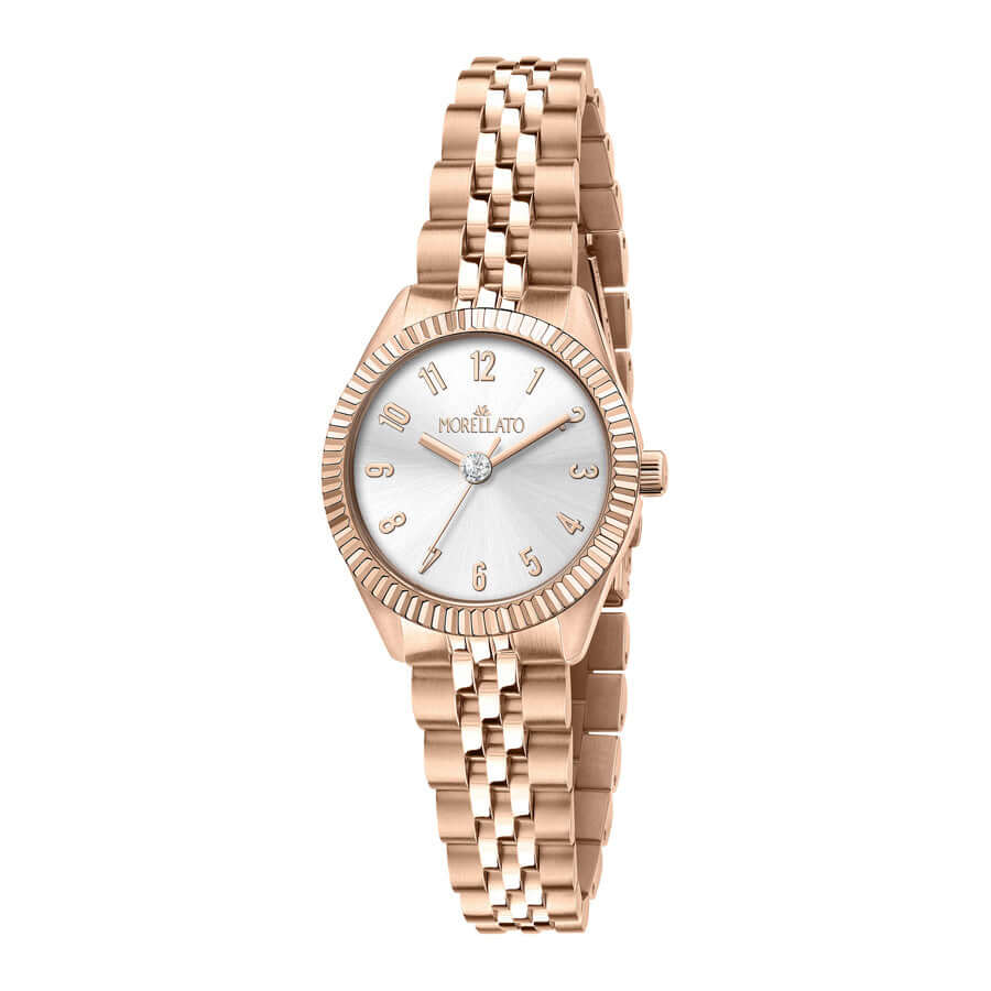 Часовник Morellato. Дамски часовник с кварцов механизъм (VJ21). Каса 28 мм от стомана със розово златно PVD покритие. Бял циферблат. Верижка от стомана със розово златно PVD покритие. Минерално стъкло. Водоустойчивост 3 АТМГаранция 2 години.