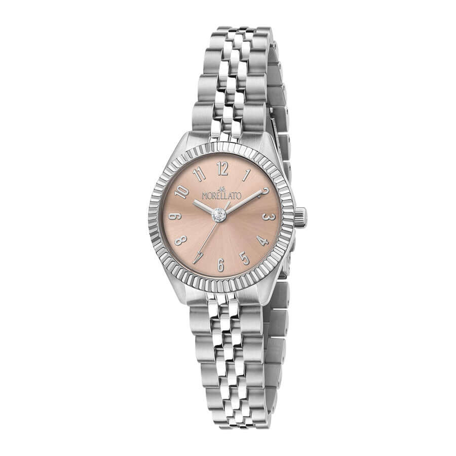 Часовник Morellato Magia. Дамски часовник с кварцов механизъм (VJ21). Каса 28 мм от стомана и инкрустирани Цирконии. Розов циферблат. Верижка от стомана. Минерално стъкло. Водоустойчивост 3 ATM. Гаранция 2 години.