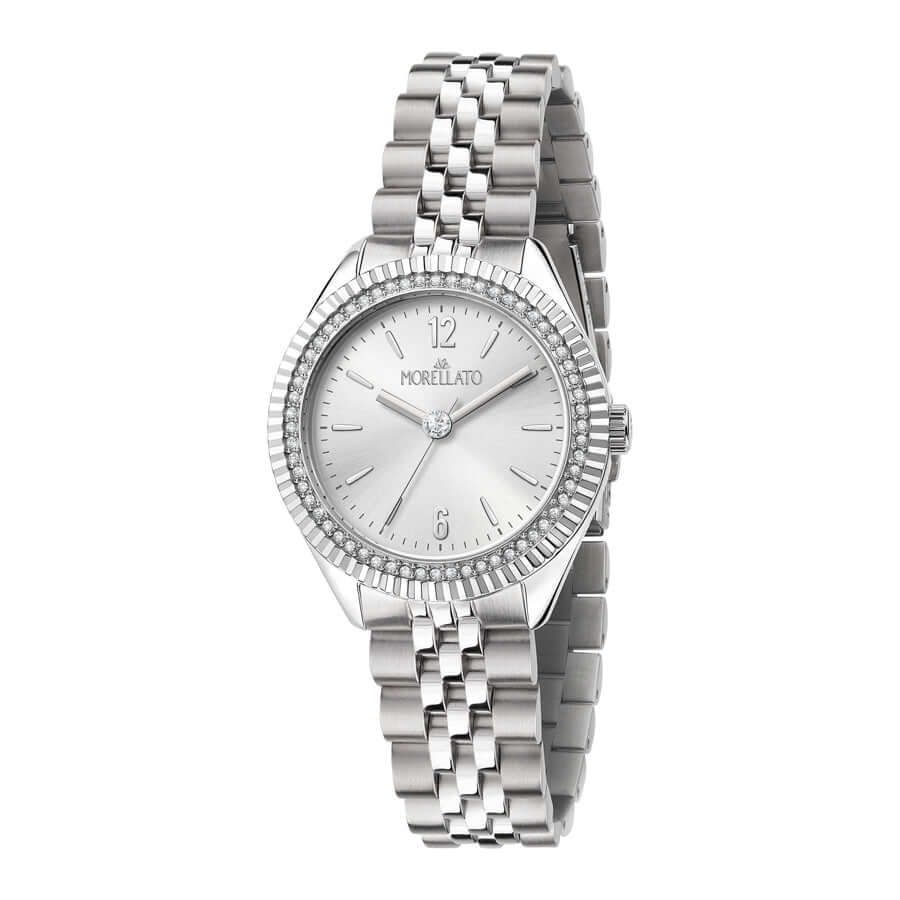 Часовник Morellato Magia. Дамски часовник с кварцов механизъм (VJ21). Каса 34 мм от стомана и инкрустирани Циркони. Бял циферблат. Верижка от стомана. Минерално стъкло. Водоустойчивост 3 ATM. Гаранция 2 години.