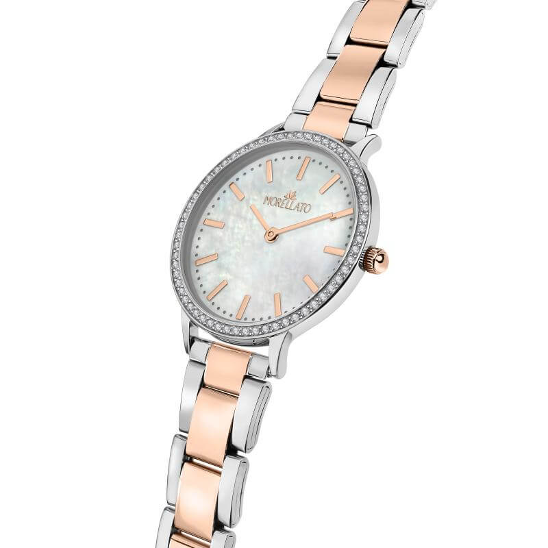 Часовник Morellato 1930. Дамски часовник с кварцов механизъм (2H). Каса 32 мм от стомана и инкрустирани Циркони. Верижка от стомана с розово златно PVD покритие. Минерално стъкло. Водоустойчивост 3 АТМ. Гаранция 2 години.