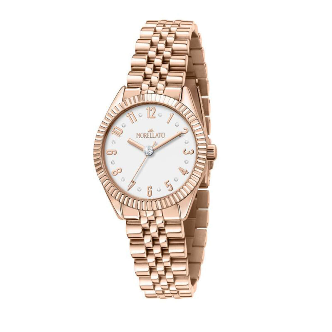 Часовник Morellato Magia. Дамски часовник с кварцов механизъм (VJ21). Каса 32 мм от стомана с розово златно PVD покритие и инкрустирани Циркони. Верижка от стомана с розово златно PVD покритие. Минерално стъкло. Водоустойчивост 3 АТМ. Гаранция 2 години.
