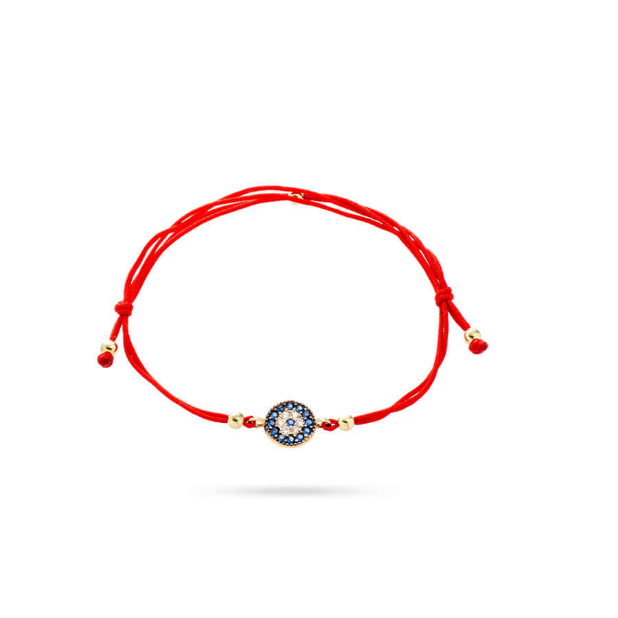златна гривна с червен конец и талисман blue eye