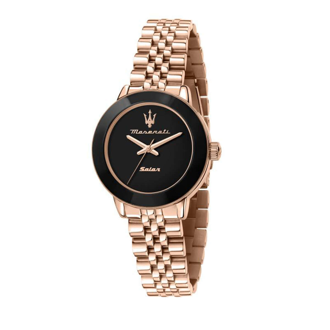 Дамски часовник Maserati Successo Solar, изглед отпред, черен циферблат, розово-златна верижка.