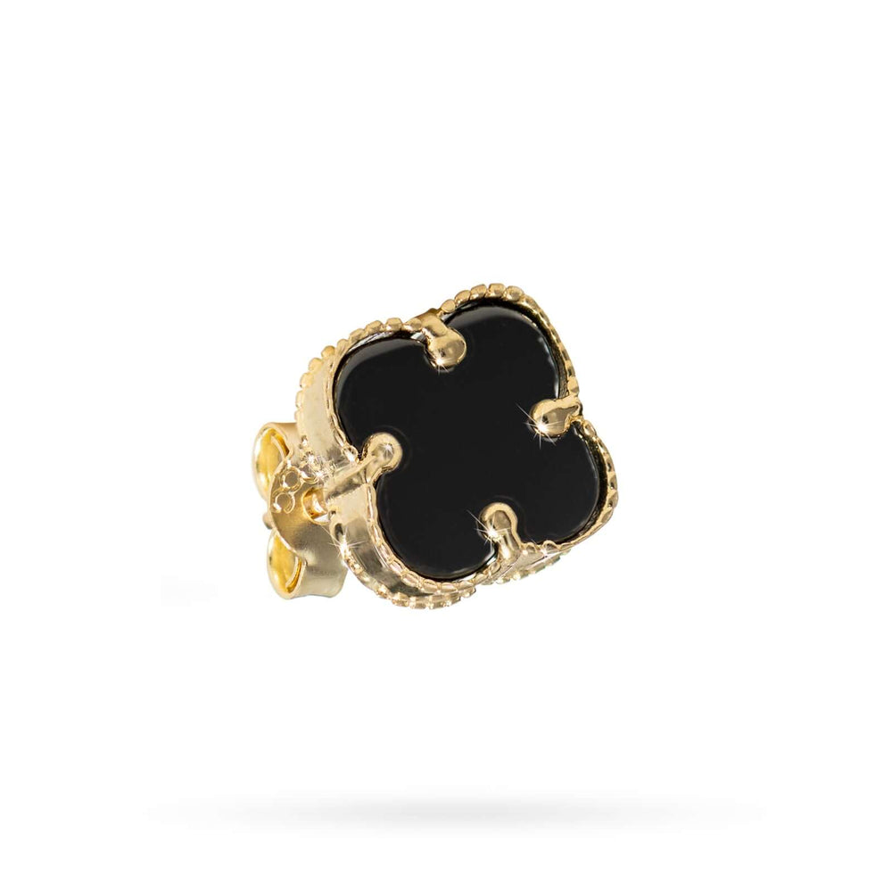 Елегантни обеци, изработени от 14K жълто злато, украсени с детелини от черен оникс. DE2153