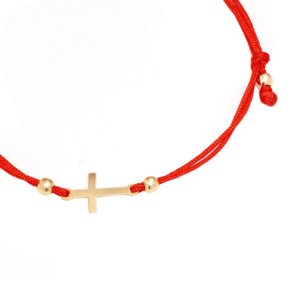 Гривна Senso Gold с плосък златен кръст и червен конец