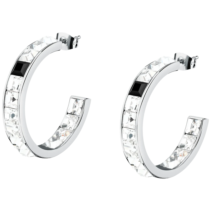 Дамски обеци Crystals, сребристи халки с бели и черни кристали