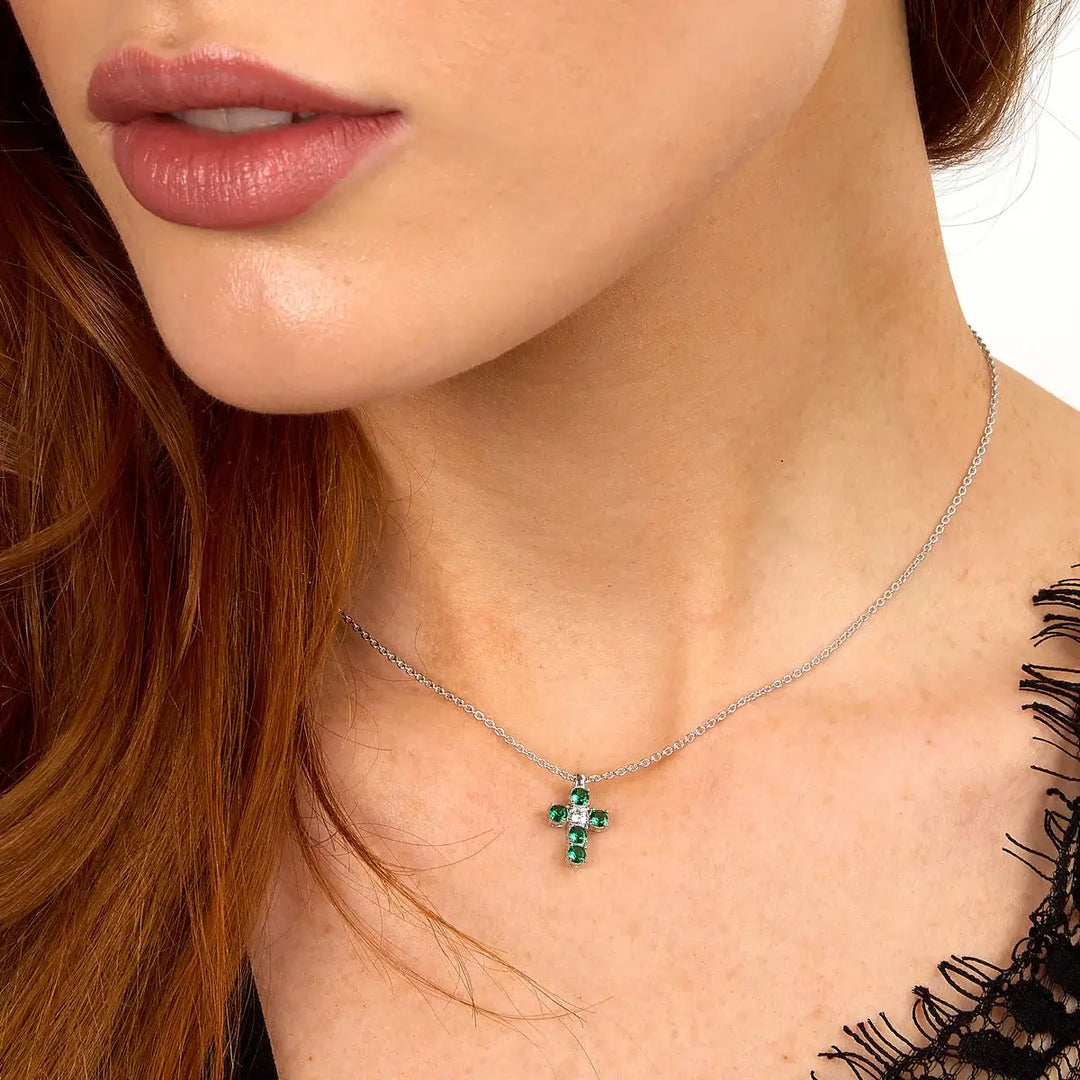 Women's silver necklace with a cross and green zirconia | Morellato Treasures