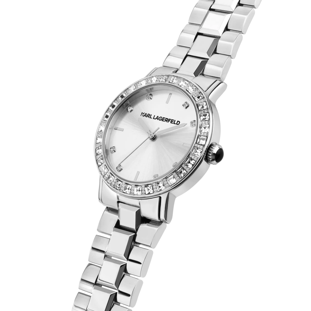 Близък план на дамски часовник Karl Lagerfeld Crystals със сребрист sunray циферблат и безел с прозрачни кристали – R0553100511