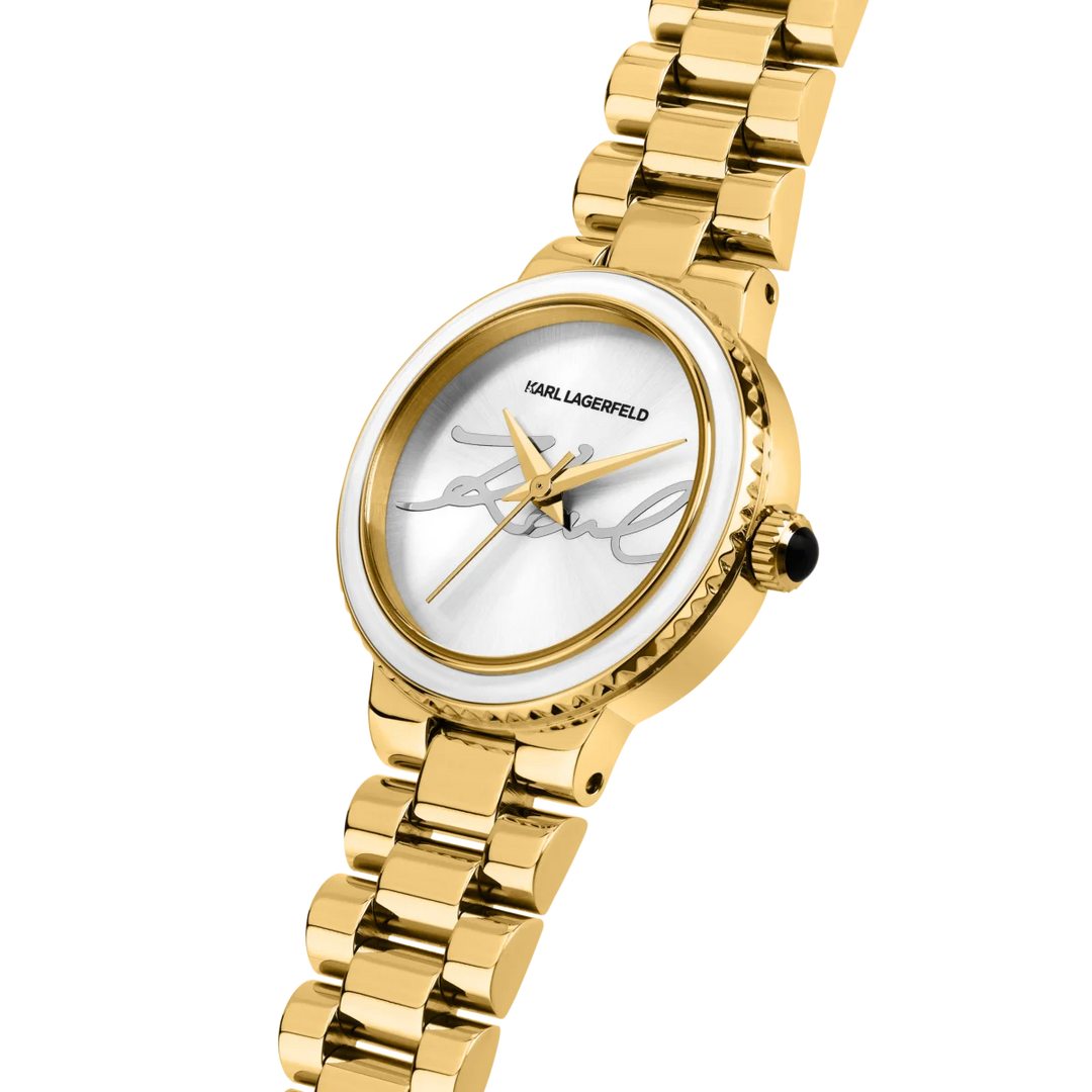 Близък план на дамски часовник Karl Lagerfeld Kaiser с IP златно покритие и сребрист циферблат с логото Karl – модел R0553104508
