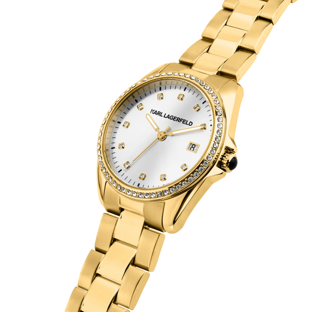 Близък план на дамски часовник Karl Lagerfeld Round Essentials с кристален безел и сребрист sunray циферблат – R0553101505