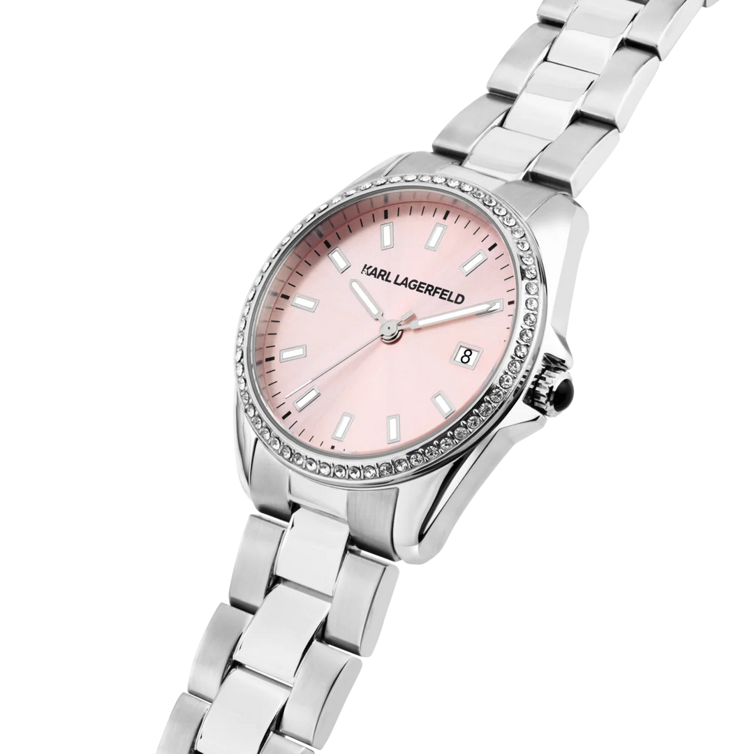 Близък план на дамски часовник Karl Lagerfeld Round Essentials с розов sunray циферблат, кристали и дата – R0553101512