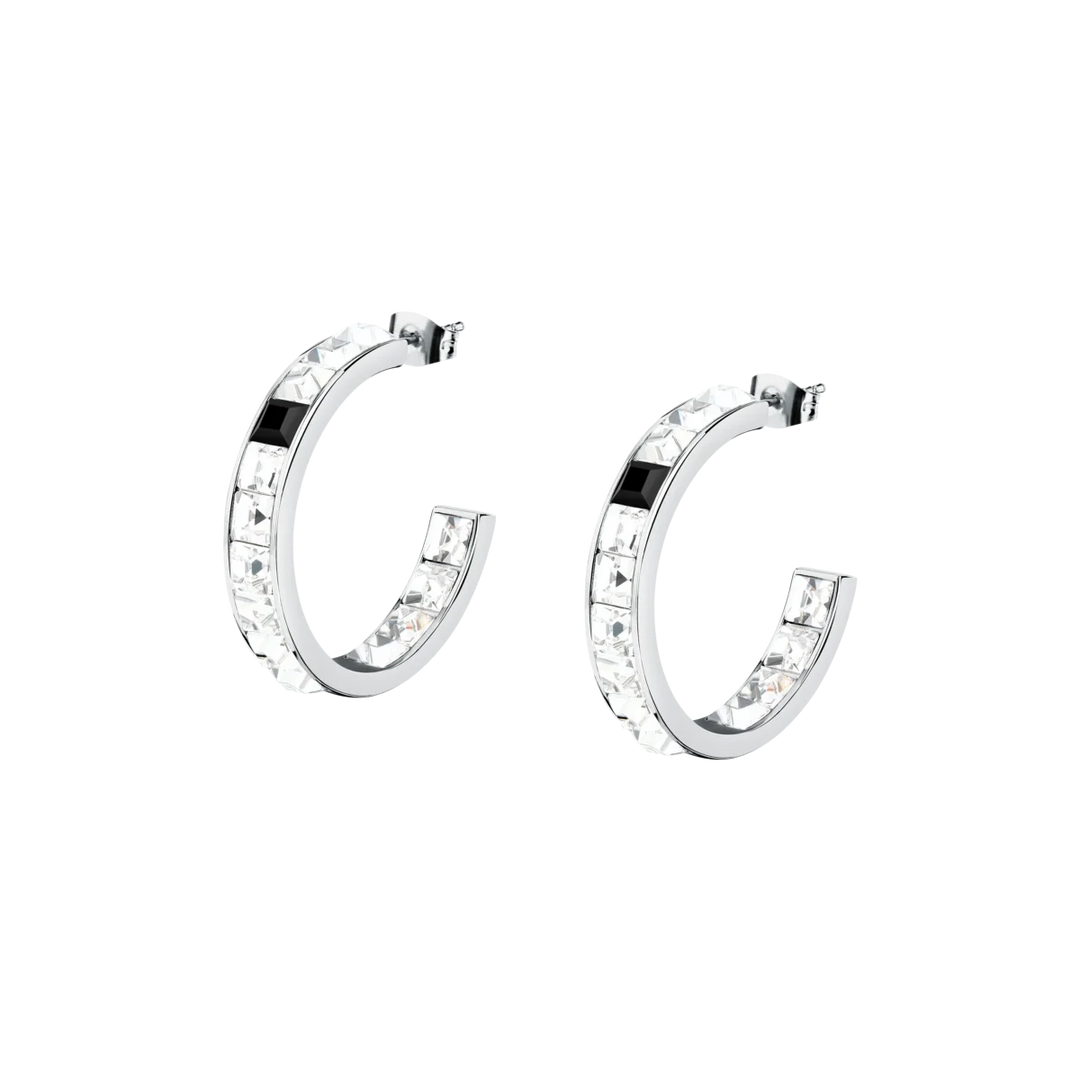 Дамски обеци Karl Lagerfeld Crystals, сребристи халки с бели и черни кристали – модел KLAYC36, изглед отпред