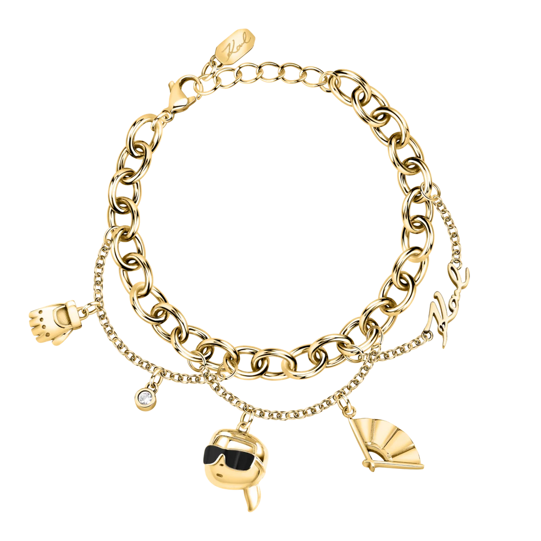 Дамска златиста гривна Karl Lagerfeld Charms от неръждаема стомана с двоен синджир и висулки Karl – модел KLAYD11, изглед отгоре