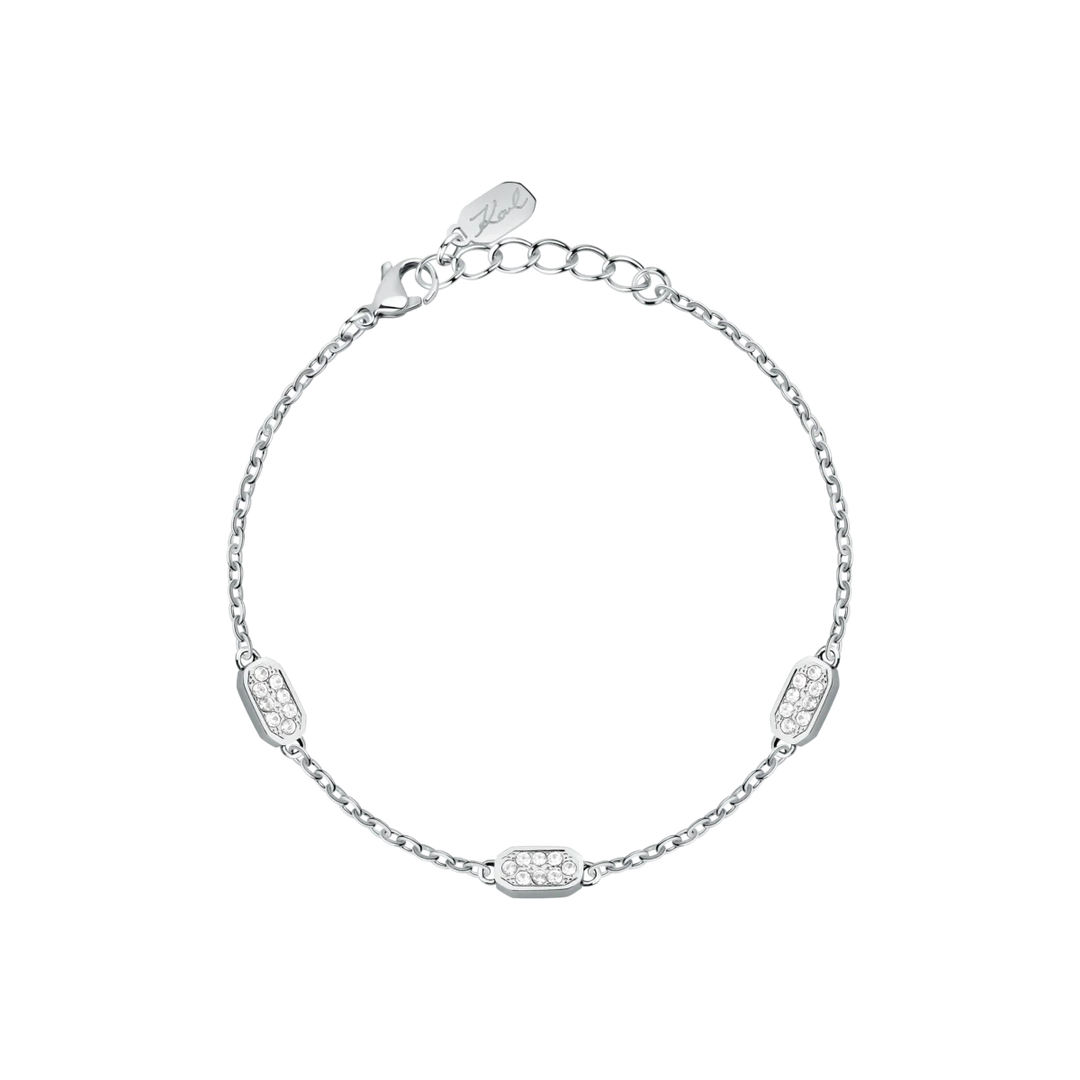 Дамска гривна Karl Lagerfeld Crystals със сребриста стоманена верижка и три елемента с бели кристали – модел KLAYC65