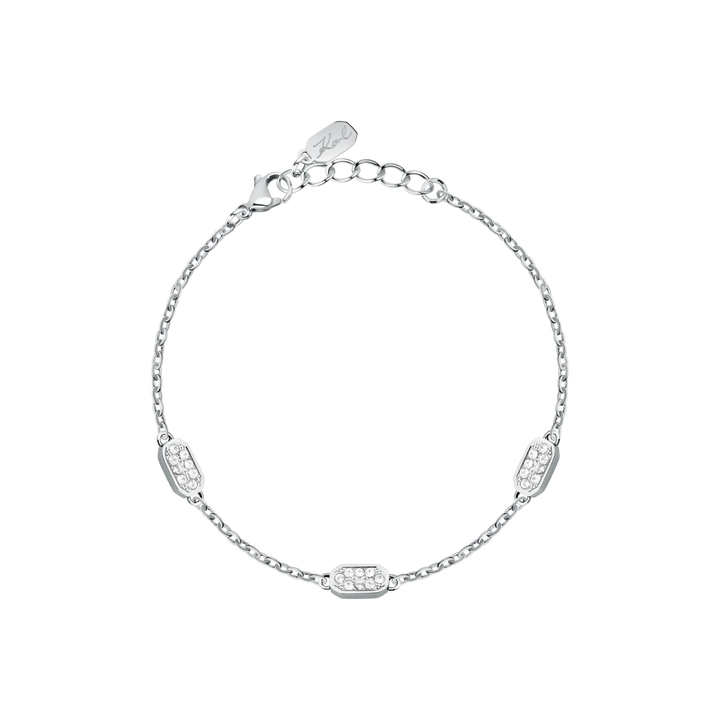 Дамска гривна Karl Lagerfeld Crystals със сребриста стоманена верижка и три елемента с бели кристали – модел KLAYC65